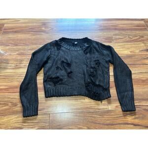 H&M Divided Distressed Black Crewneck Long Sleeve Knit Sweater Concert Grunge